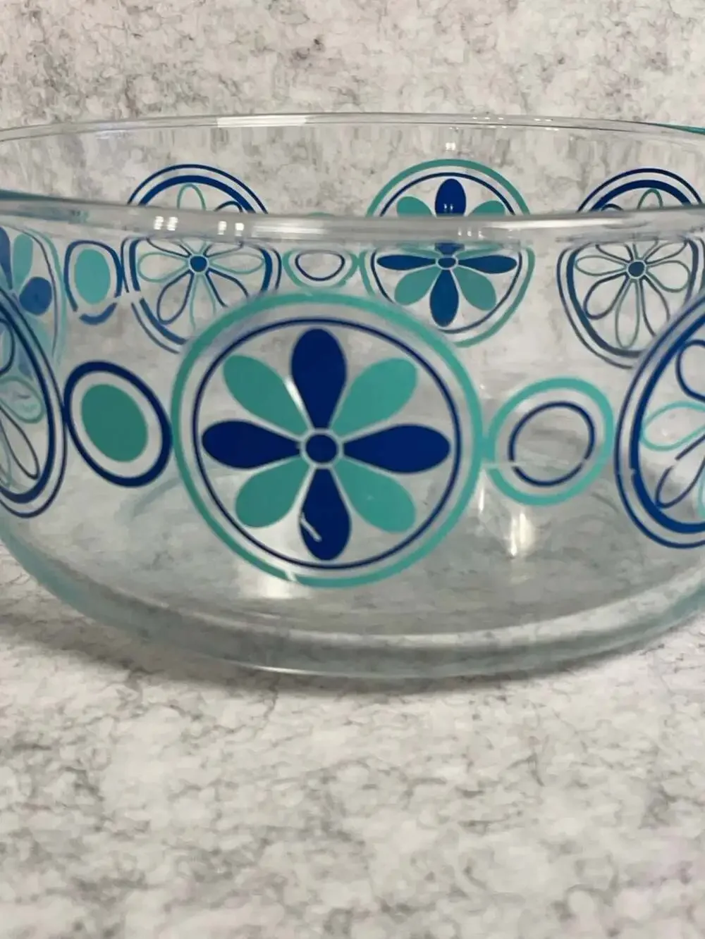 Pyrex 7203 Blue Teal Mod Pinwheel Flower Clear Glass 1.5 Quart Mixing Bowl
